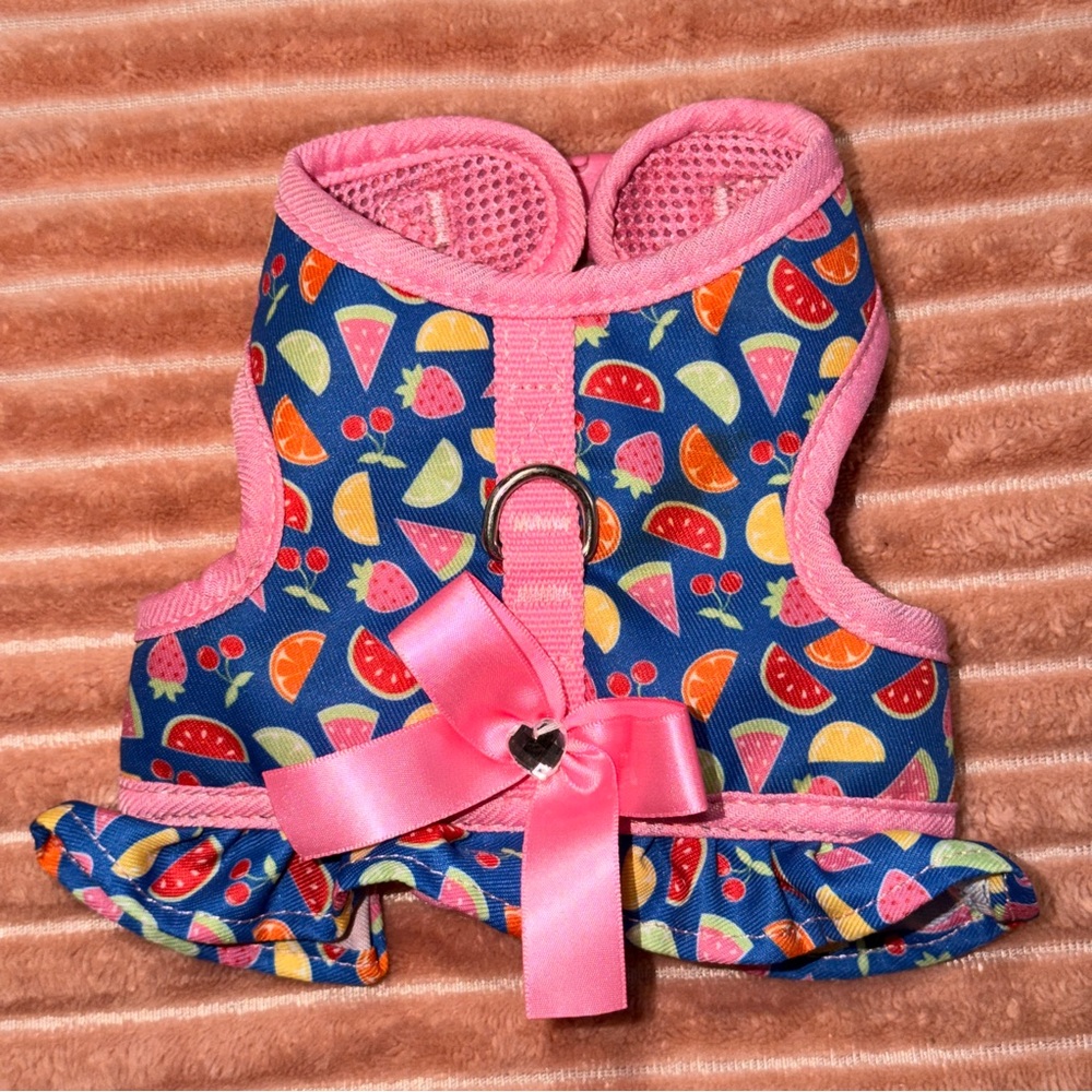 Colorful Fruit Pattern Dog Harness with Pink Trim